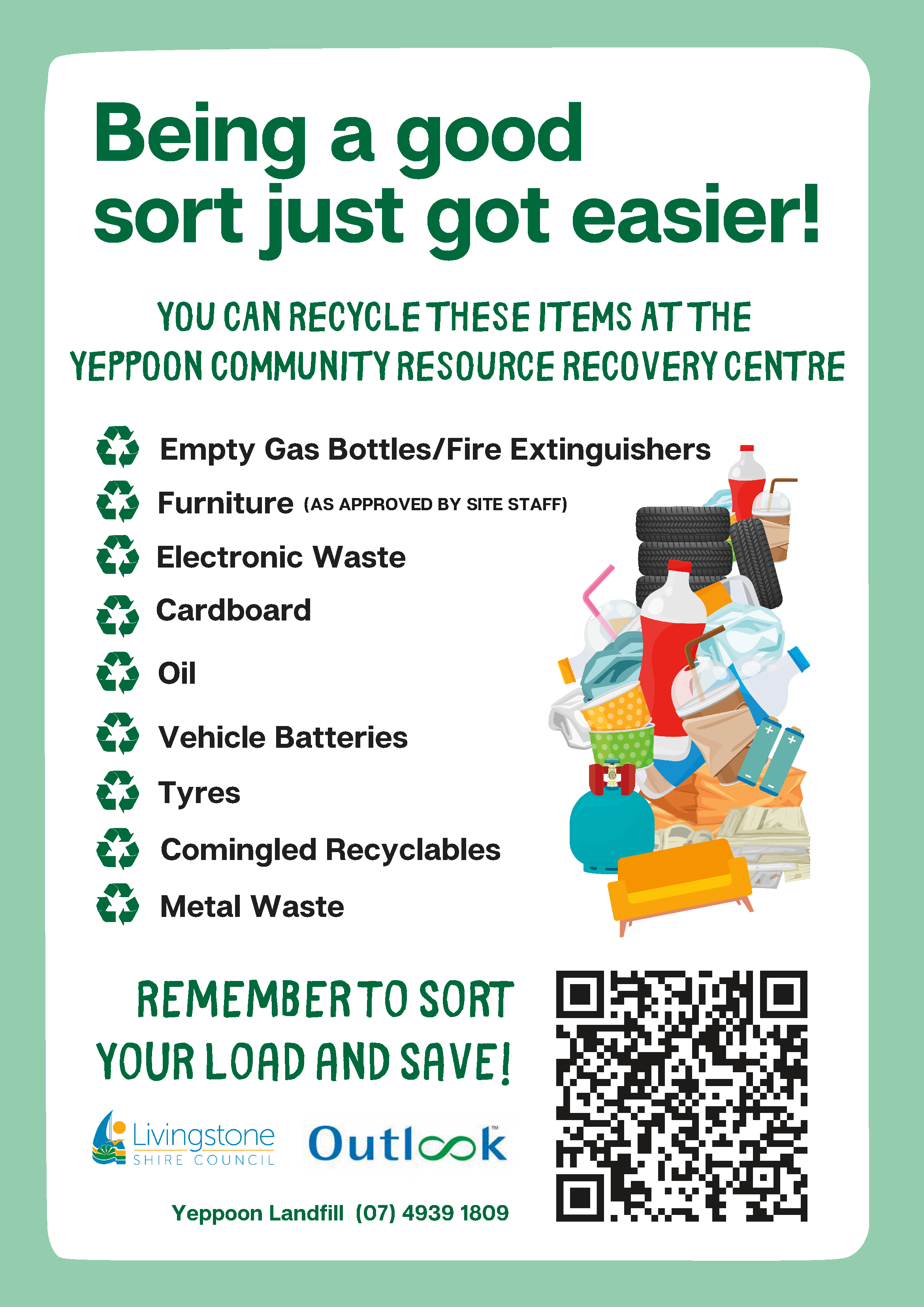 Promotional graphic listing items accepted for recycling at the Yeppoon Community Resource Recovery Centre