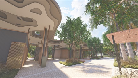 Artists impression of the Great Keppel Island Woppa Arrivals Plaza and Amenities block