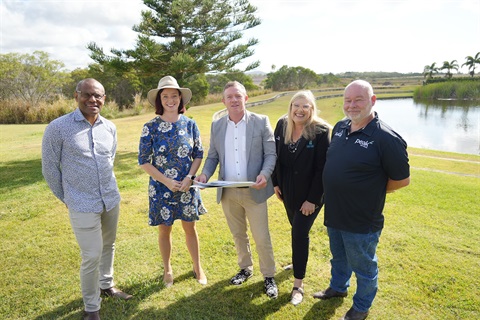 Rail Trail Extension Announcement – Sept 2024: Cr Lance Warcon, Member for Keppel Brittany Lauga, Mayor Adam Belot, Cr Andrea Friend, Cr Rhodes Watson
