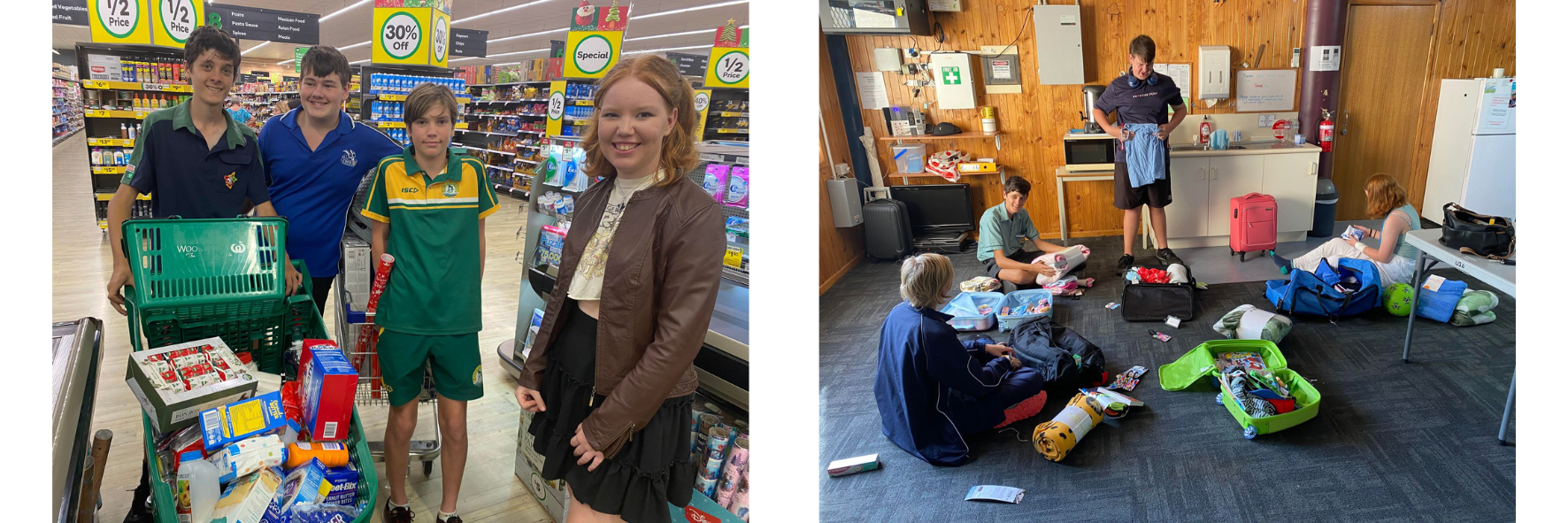Two photos side by side—left shows four people with shopping carts in a grocery aisle with discount signs; right shows five people in a room with bags and suitcases on the floor, preparing for an activity.