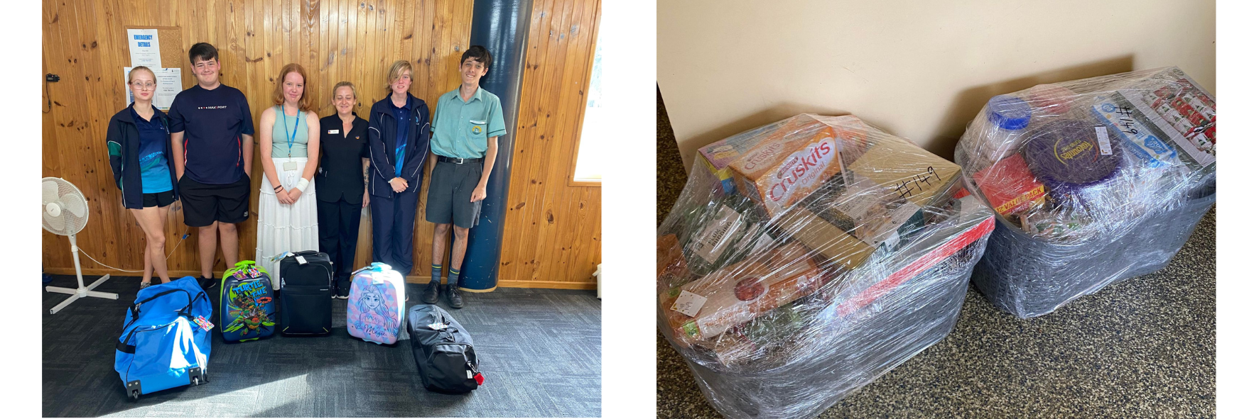 Two-part image—left shows six people standing in front of a wooden wall with bags and backpacks on the floor; right shows two large plastic-wrapped containers filled with groceries