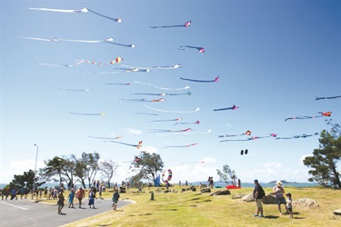 People gathered on a sunny day in a grassy area with colourful kites flying overhead, likely at a kite festival.