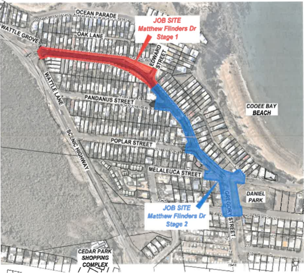 Map showing two job sites on Matthew Flinders Drive, with Stage 1 marked in red from Ocean Parade to Edward Street, and Stage 2 in blue from Edward Street to Gregory Street.