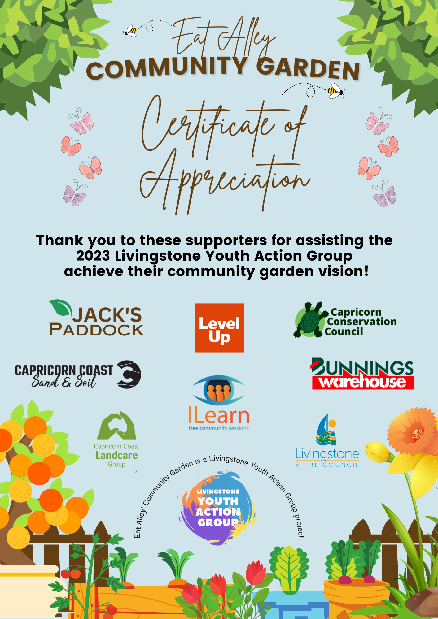 Certificate of Appreciation from Eat Alley Community Garden listing supporters of the 2023 Livingstone Youth Action Group project.