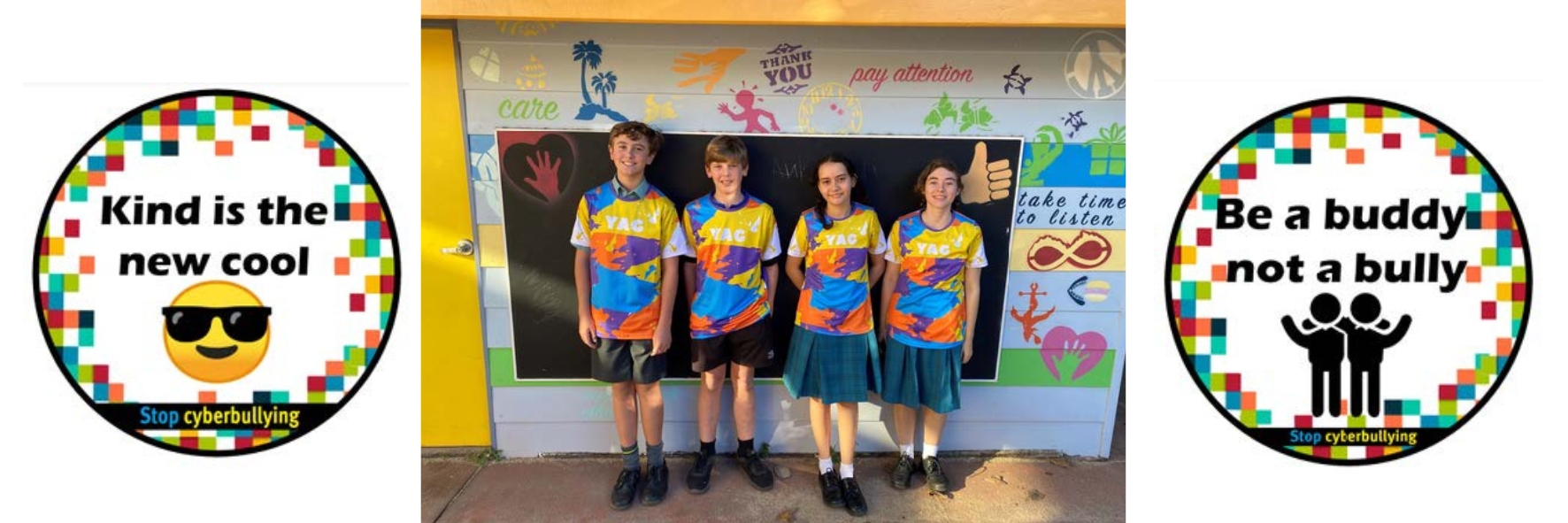 Four children in front of a wall with positive messages and anti-cyberbullying badges