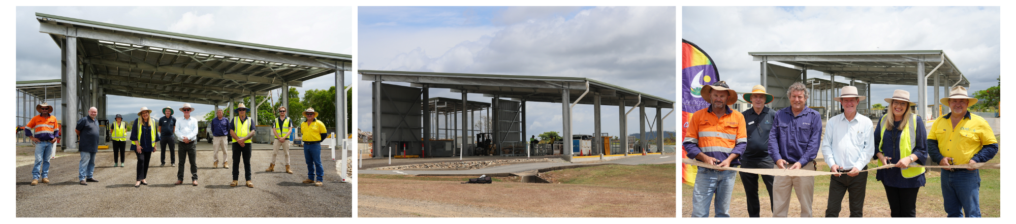 Collage of three photos showing a new facility’s construction and opening, including workers in safety gear, the completed structure, and a ribbon-cutting ceremony.