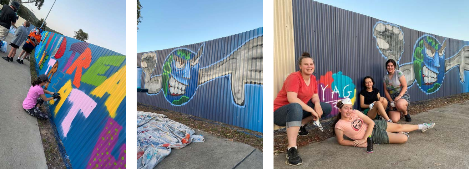 Collage of three photos showing people painting and posing in front of a colourful mural on a corrugated metal fence