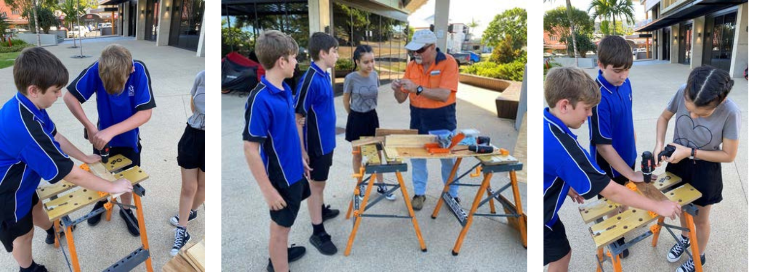 Three scenes of people collaborating on woodworking tasks at a workbench, including drilling and instruction.