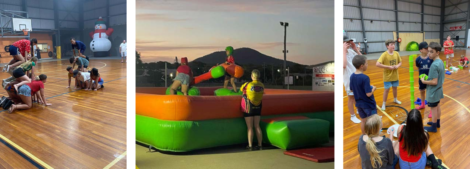 Collage of three scenes—children and adults in a gym with an inflatable snowman, outdoor jousting arena with mountain backdrop, and indoor group activity with children seated and standing.
