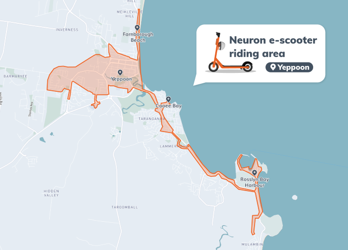 Map showing the designated Neuron e-scooter riding zones across coastal areas in Yeppoon, including beaches and harbours.