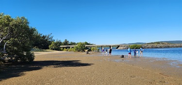 Group of people on a sandy beach near water, with a bridge and trees in the background under a clear blue sky.