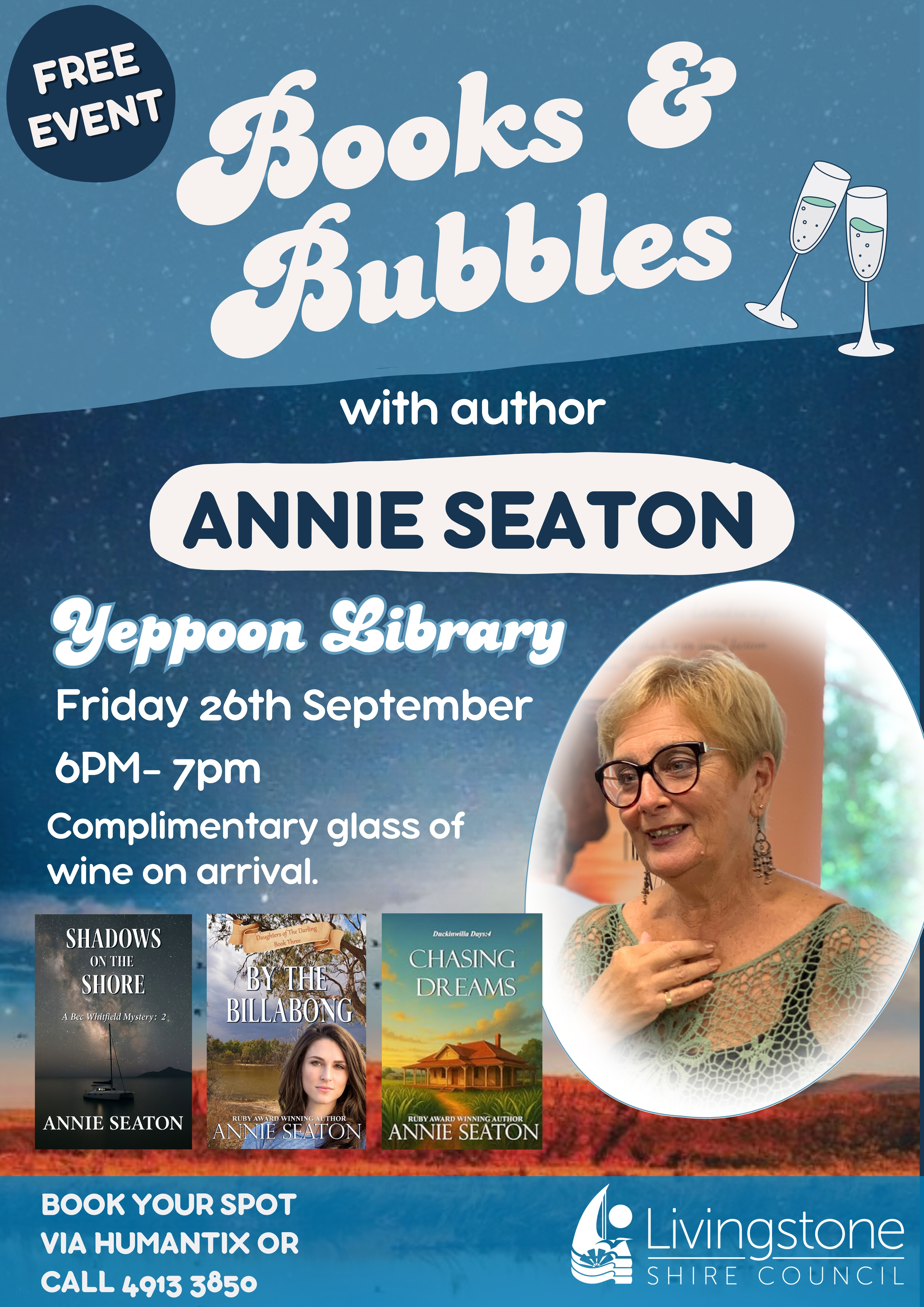 Books and Bubbles with author Annie Seaton at Yeppoon Library Share